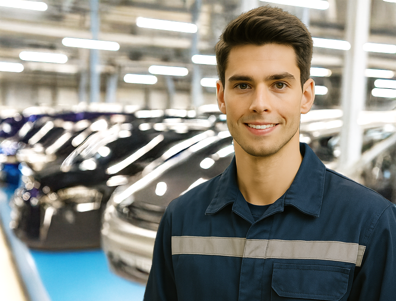 Trabalhadores jovens na fabricação de robôs industriais